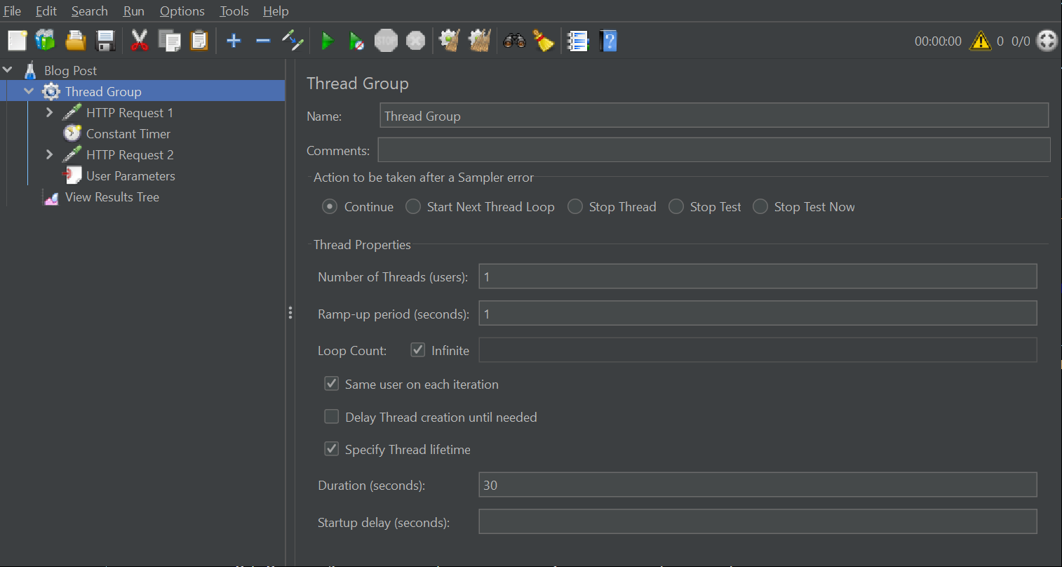 JMeter thread group settings